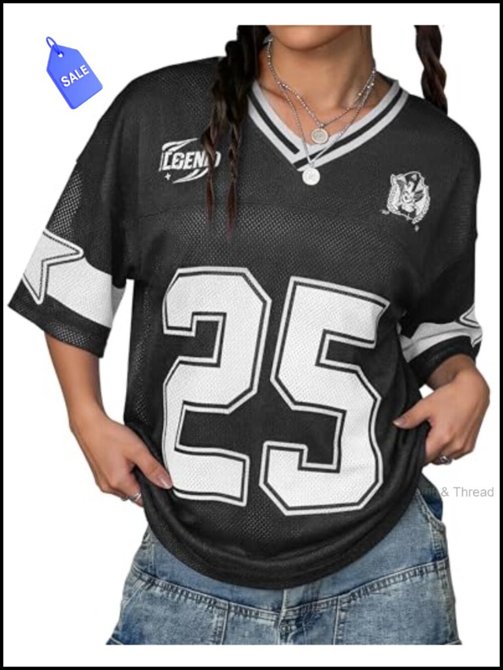 Women's Y2k Oversized Mesh Jersey V-Neck Tee Graphic Number